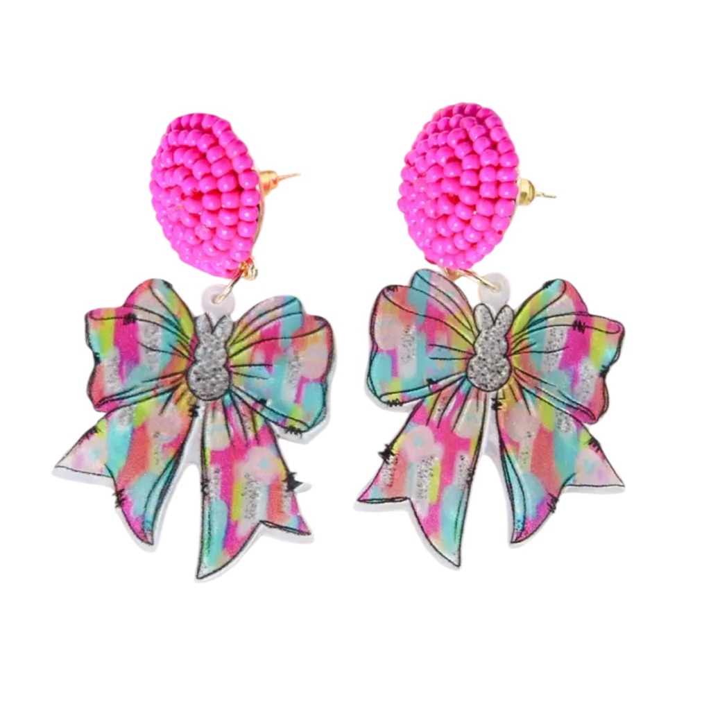 Colorful Bunny Bow Earrings With Pink Beaded Studs